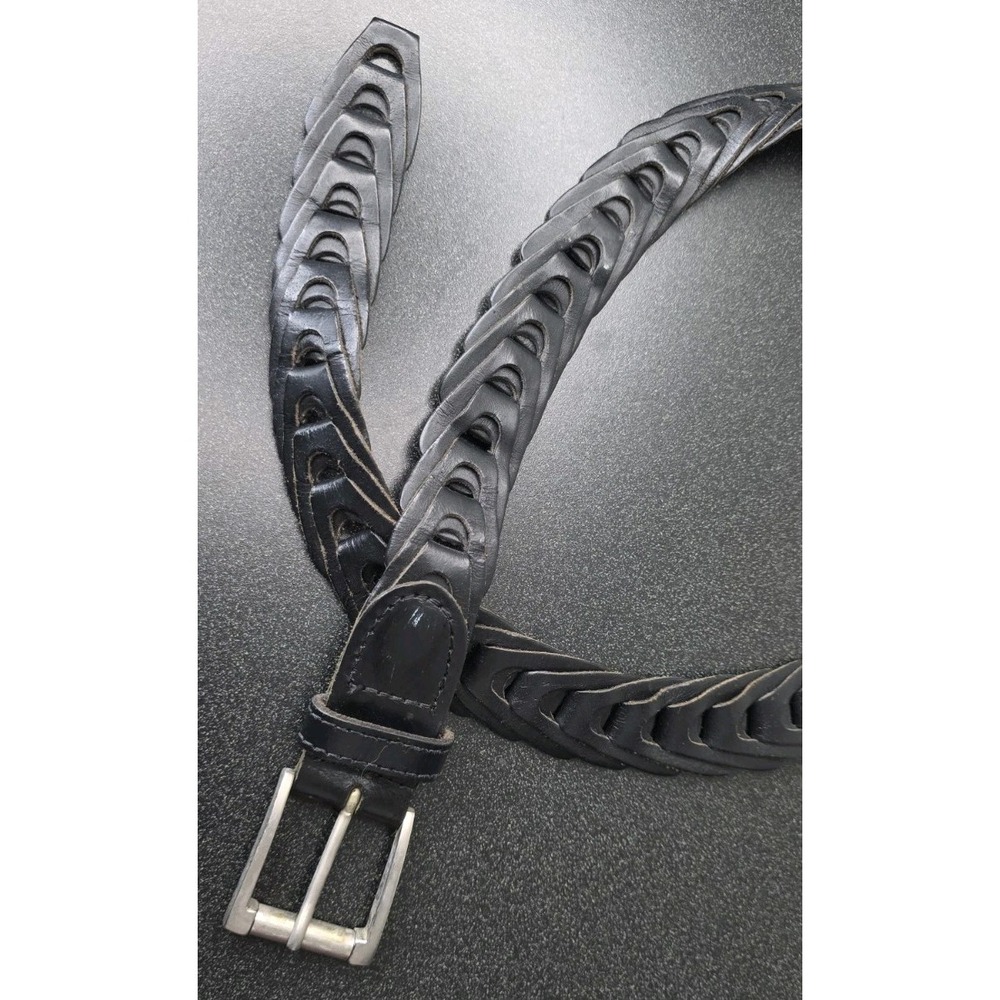 Genuine Top Grain Leather Belt Braided Interlocking Cut Pattern Brass Buckle S